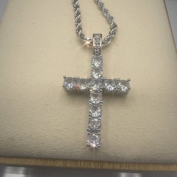 Cubic Zirconia Cross Pendant Necklace With Rope Chain Stainless Steel Silver Pla - Picture 3 of 7